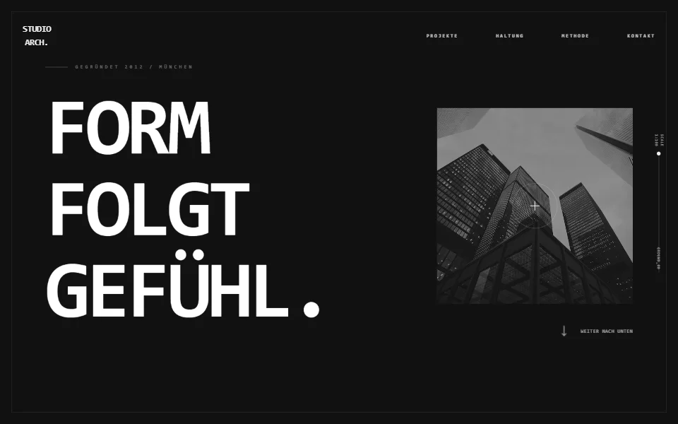 Startbereich der Beispielseite Studio Architektur: auf dunklem Grund die Überschrift „Form folgt Gefühl.“, rechts ein Schwarz-Weiß-Foto von Hochhäusern, von unten aufgenommen.