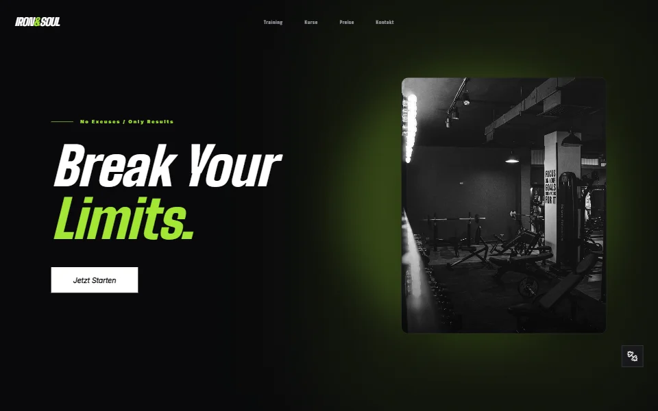 Startbereich der Beispielseite Iron & Soul Gym: auf dunklem Grund die Überschrift „Break Your Limits.“ und der Knopf „Jetzt Starten“, rechts ein Schwarz-Weiß-Foto eines Trainingsraums mit Hantelbänken.